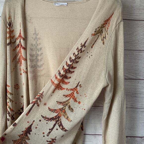 Phil Love Beige Cardigan with Tree Pattern Open Front Long Sleeves Size Large - Picture 15 of 16